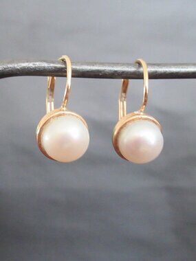 Estate 14K Yellow Gold and 7.5mm Natural Pearl Dangling Earrings 1.64 Grams